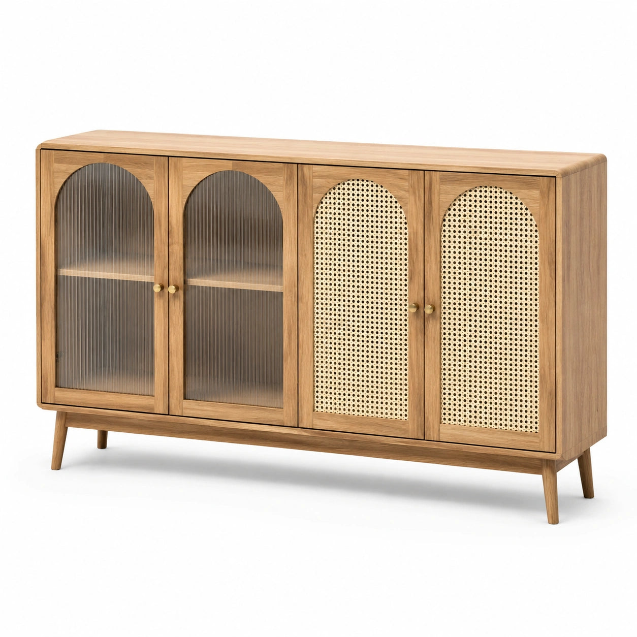 Sideboard Eichenholz Rattan Glas 150x40x85cm Natur