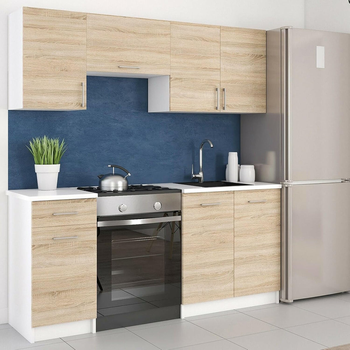 Küchenzeile, 180 cm, für die Küche, Hellbraun/Weiß/Blau/Silber, roe furniture