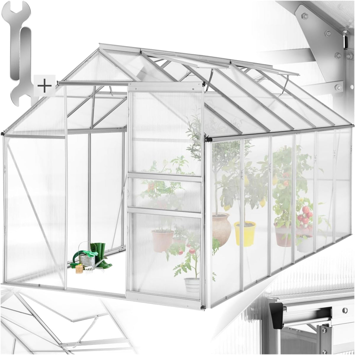 Gewächshaus Aluminium, 375 × 185 × 195 cm, 4 mm, Silber/Transparent, tectake