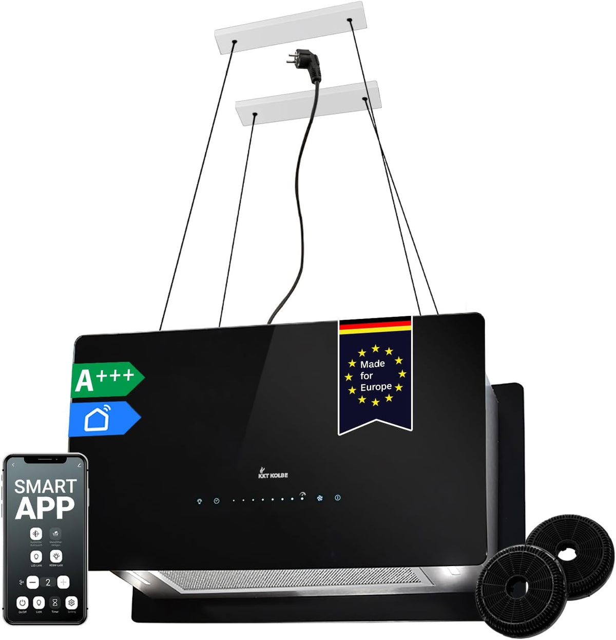 KKT KOLBE CUBE60S Dunstabzugshaube, 60 cm, aus Edelstahl und Stahl, mit LED, mit WLAN, Schwarz