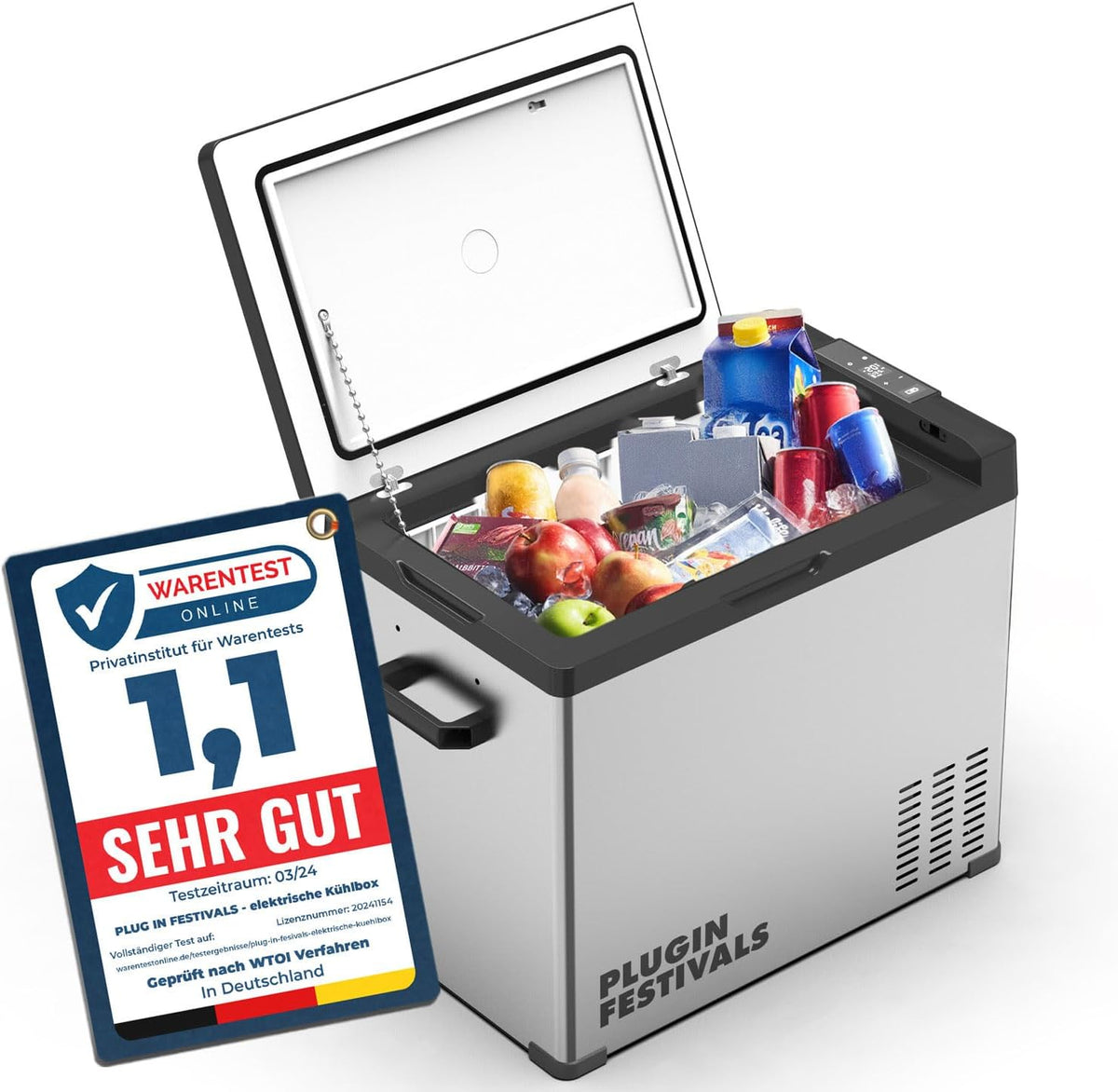 Kühlschrank, 12 V, 230 V, mit LED, mit App-Steuerung, mit USB, für Camping, Silber/Schwarz, PLUG IN FESTIVALS