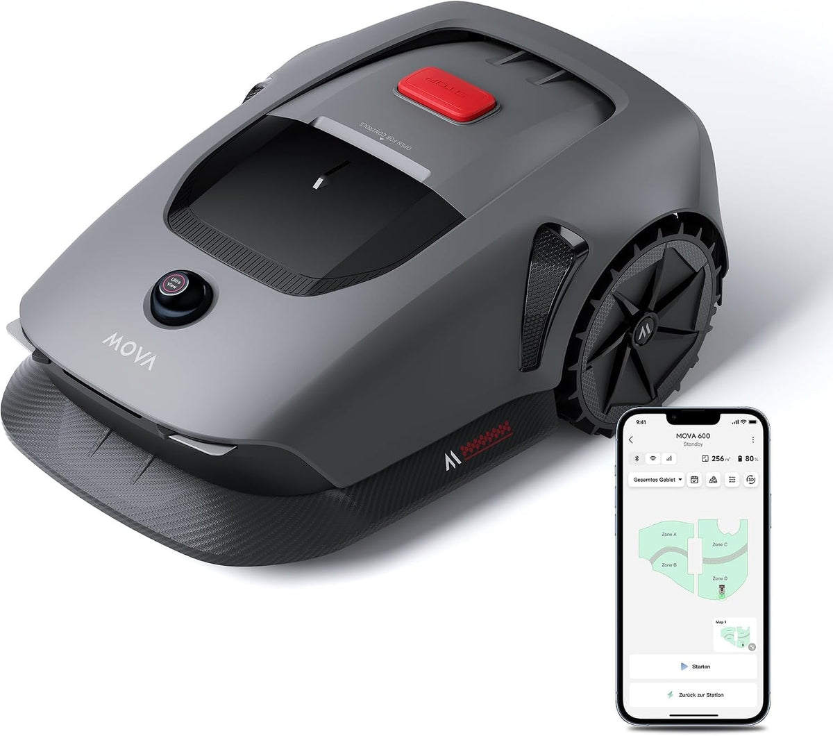 Mova 600 Kit Mähroboter, 800 m², mit App-Steuerung, ohne Begrenzungskabel, mit 3D-LiDAR, Grau/Schwarz/Rot