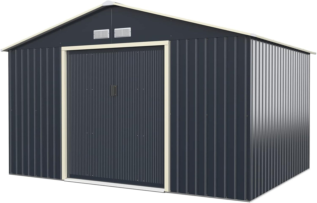 Gerätehaus, 340 × 255 × 210 cm, aus Metall, für den Garten und die Terrasse, Anthrazit/Beige, GOPLUS