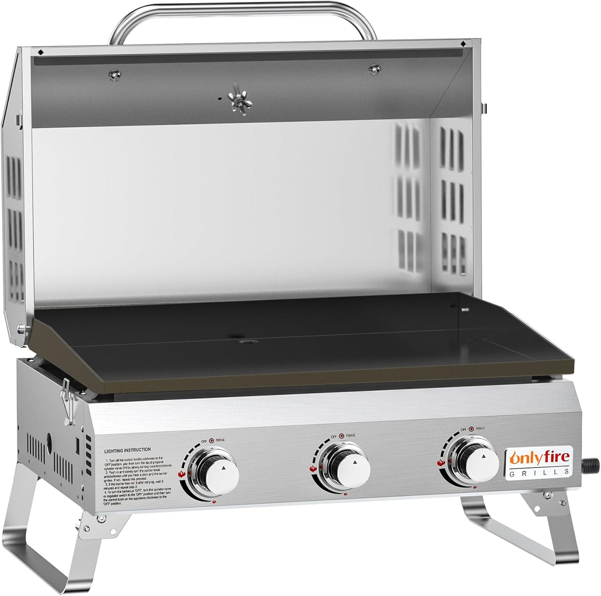 onlyfire Propangrills, 57 × 36 cm, klappbar, aus Edelstahl und Stahl, für den Balkon und Camping, Silber/Schwarz