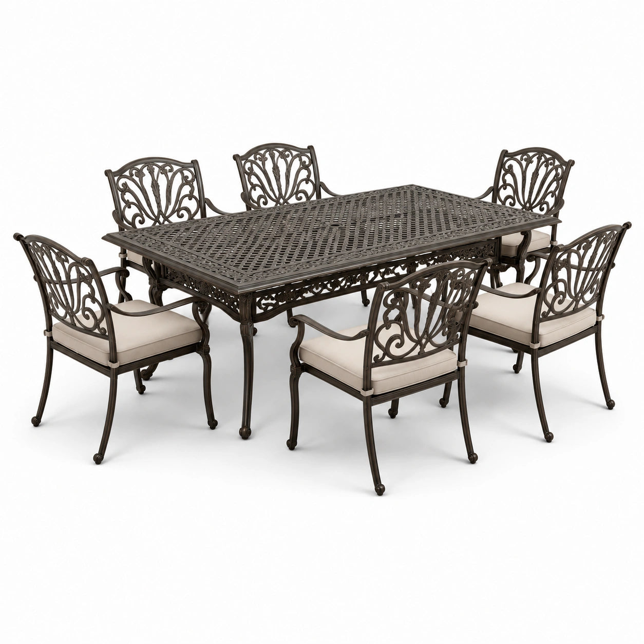 Garten Essgruppe Aluminiumguss mit 6 Stühlen Braun Creme