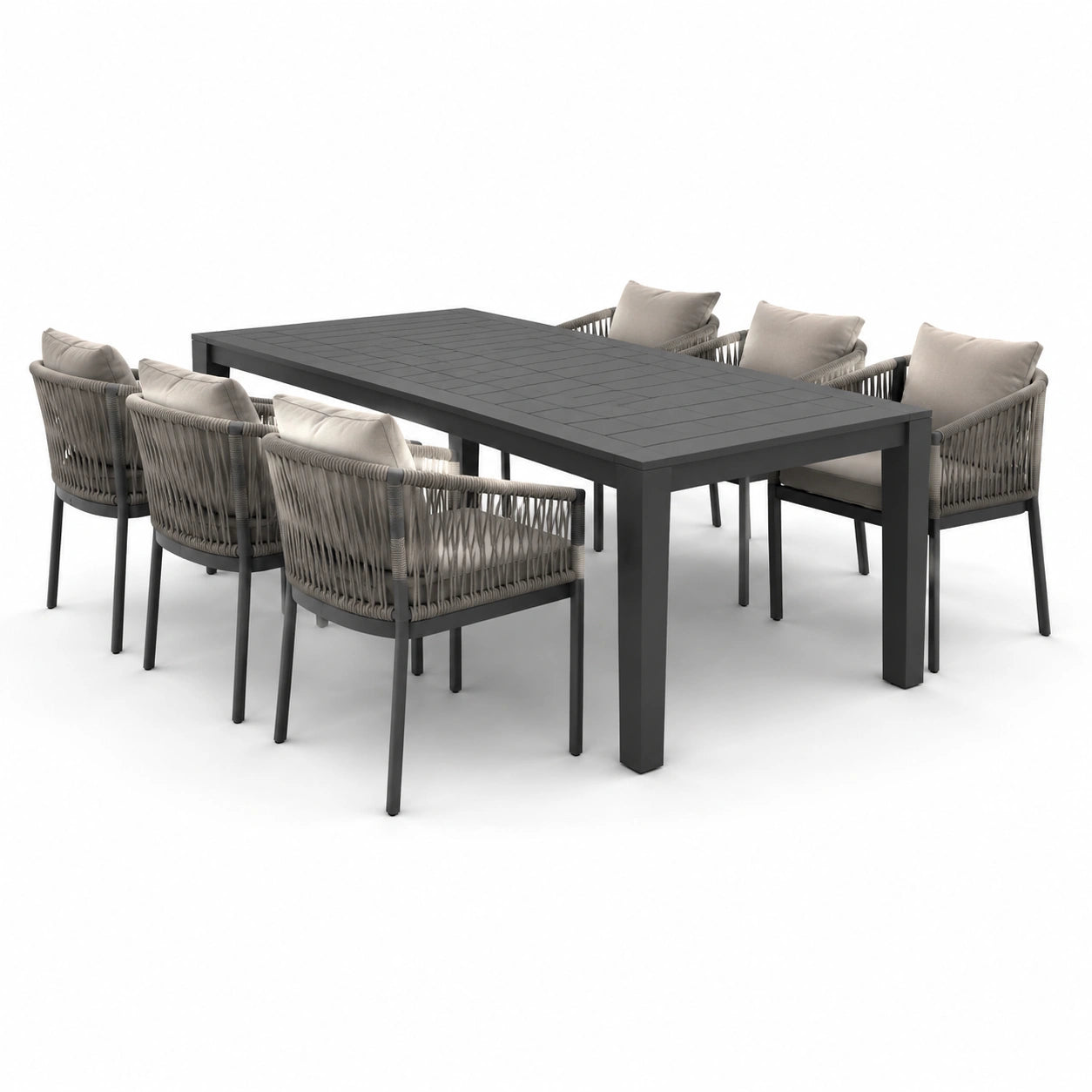 Essgruppe aus Aluminium mit Tisch 200x90 cm und 6 Stühlen, rechteckig, Grau