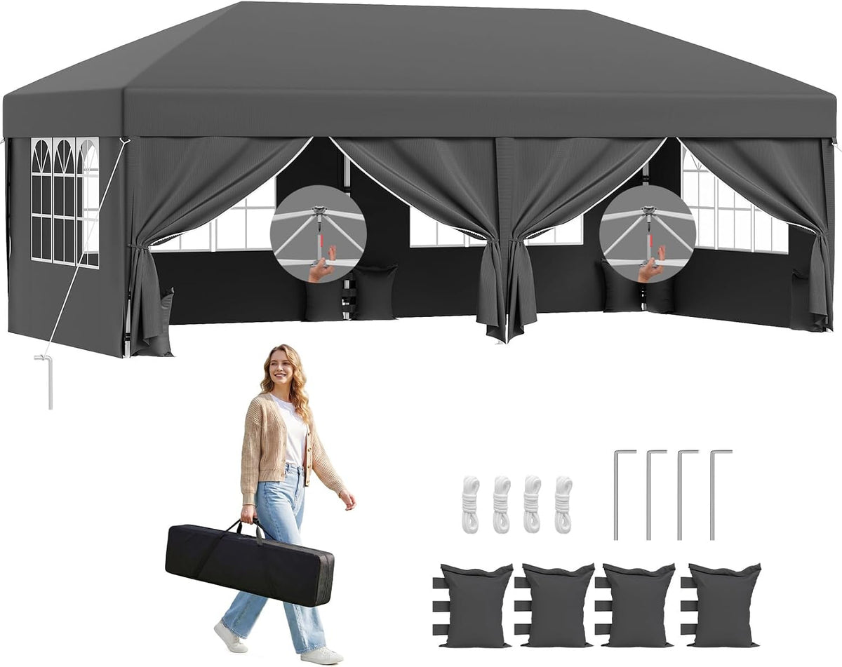 Gartenpavillon, 3 × 6 m, mit 6 Seitenteilen, wasserdicht, winterfest, klappbar, für den Garten und Camping, Grau, TRIUMPHKEY