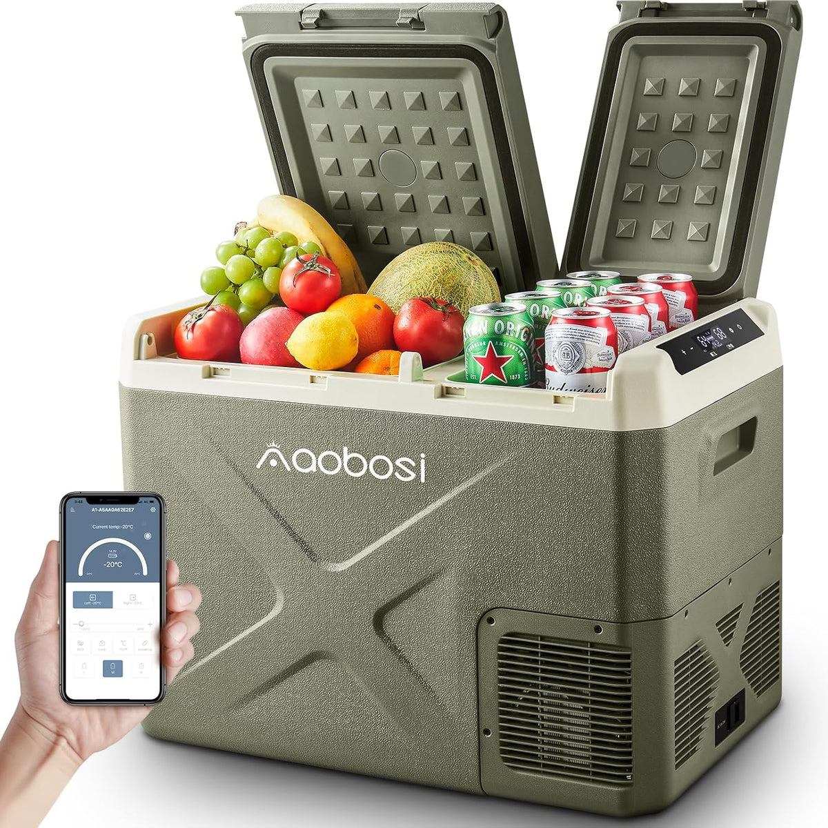 AAOBOSI Kompressor Kühlbox 32L Kühlschränke, 100–240V, 24 V, 20 °C, für Camping, Olivgrün/Beige