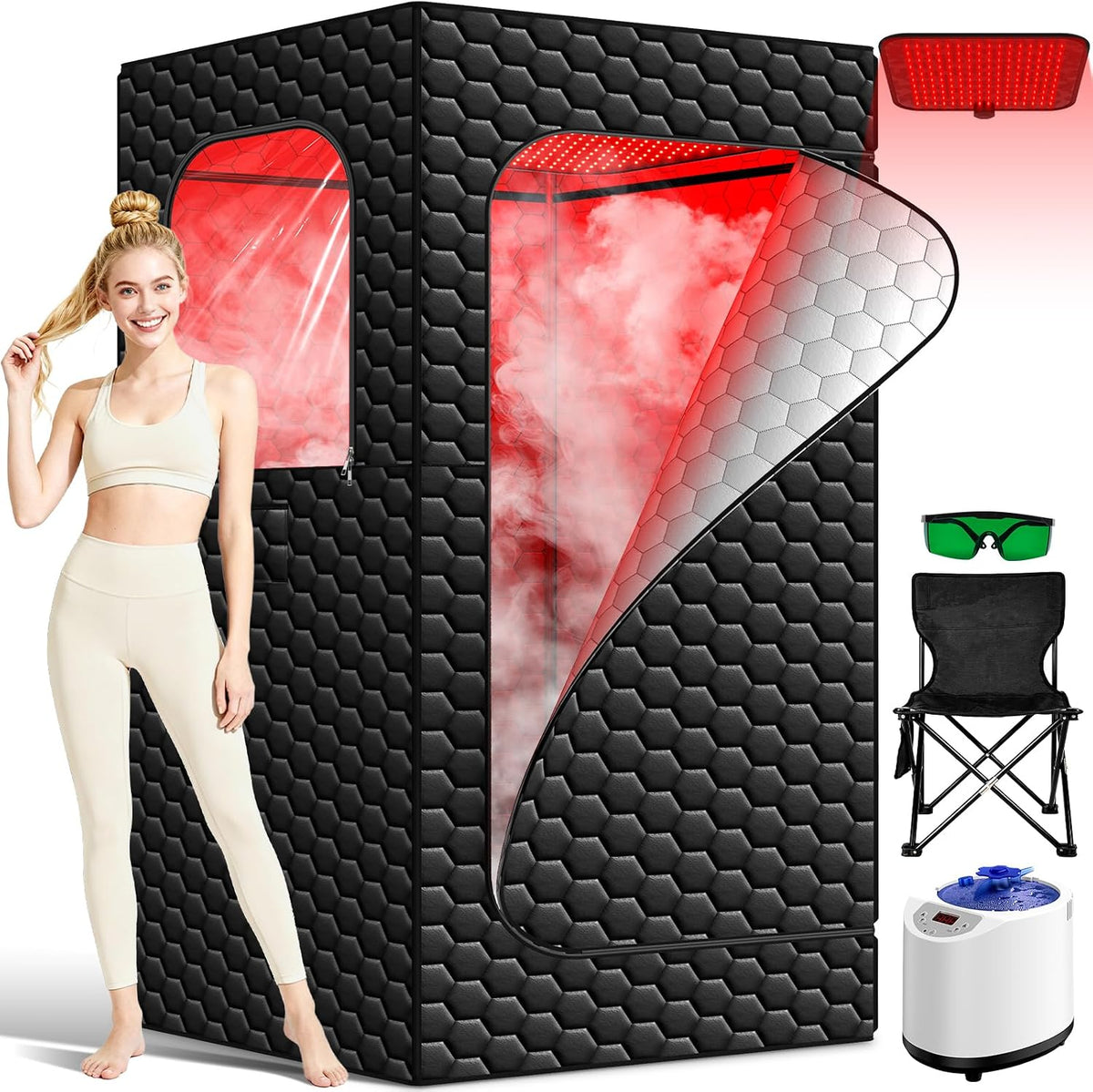 bsdonte Infrarot Sauna, 3 L, 1200 W, mit LED, wasserdicht, verstellbar, mit Fernbedienung, Schwarz/Rot