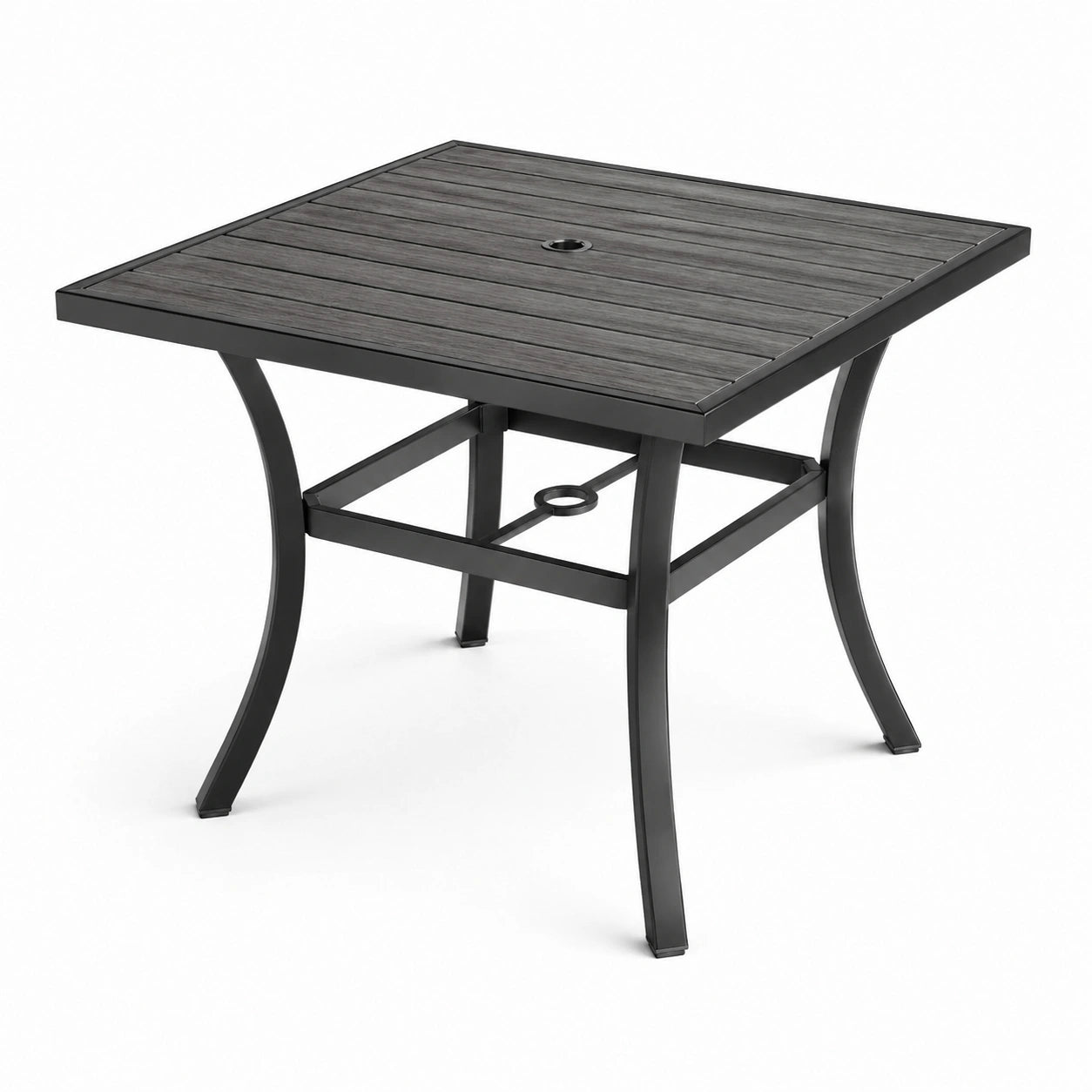 Quadratischer Aluminium-Gartentisch mit Tischplatte in Holzoptik, 90x90 cm, Schwarz
