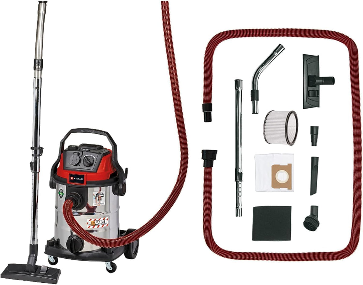 Einhell Nass- und Trockensauger, 25 l, verstellbar, mit USB, aus Edelstahl und Stahl, Rot/Silber/Schwarz
