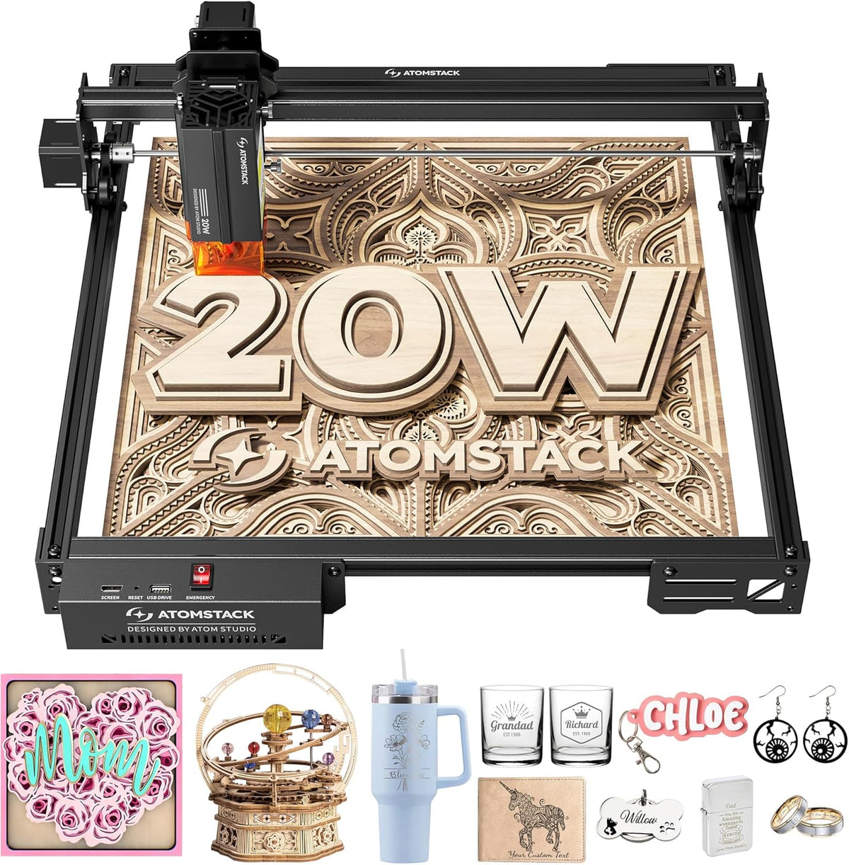 Gravurwerkzeug A20 PRO, 20 W, aus Metall und Leder, mit Magnetverschluss, mit USB, Schwarz, ATOMSTACK