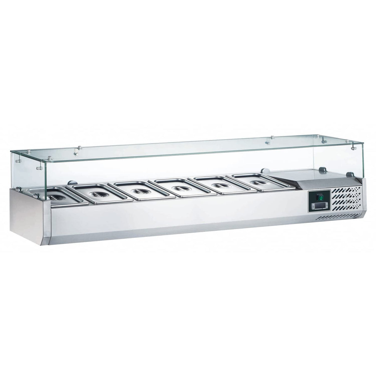 Saro EVRX1500/380 Kühlvitrinen, 230 V, 2 °C, 150 cm, aus Edelstahl und Stahl, Silber/Transparent