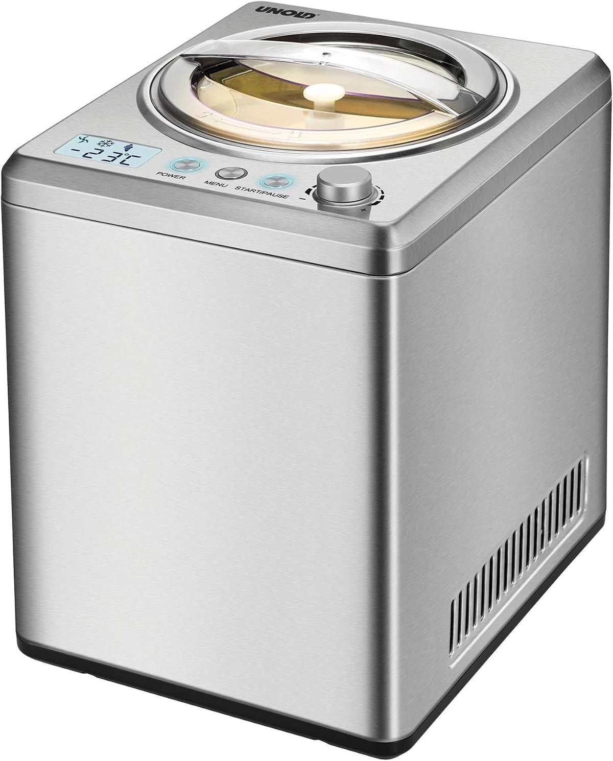 Unold 48880 Eismaschine Profi Plus Speiseeisbereiter, 2.5 L, 250 W, aus Edelstahl und Stahl, mit Timer, verstellbar, Silber