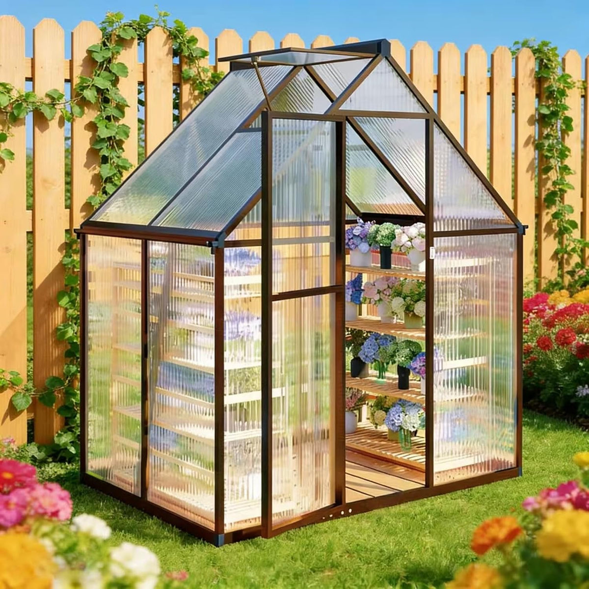 Gewächshaus, 1,8 × 1,2 m, aus Aluminium, verstellbar, für den Garten, Anthrazit/Transparent, FLY BY YAN