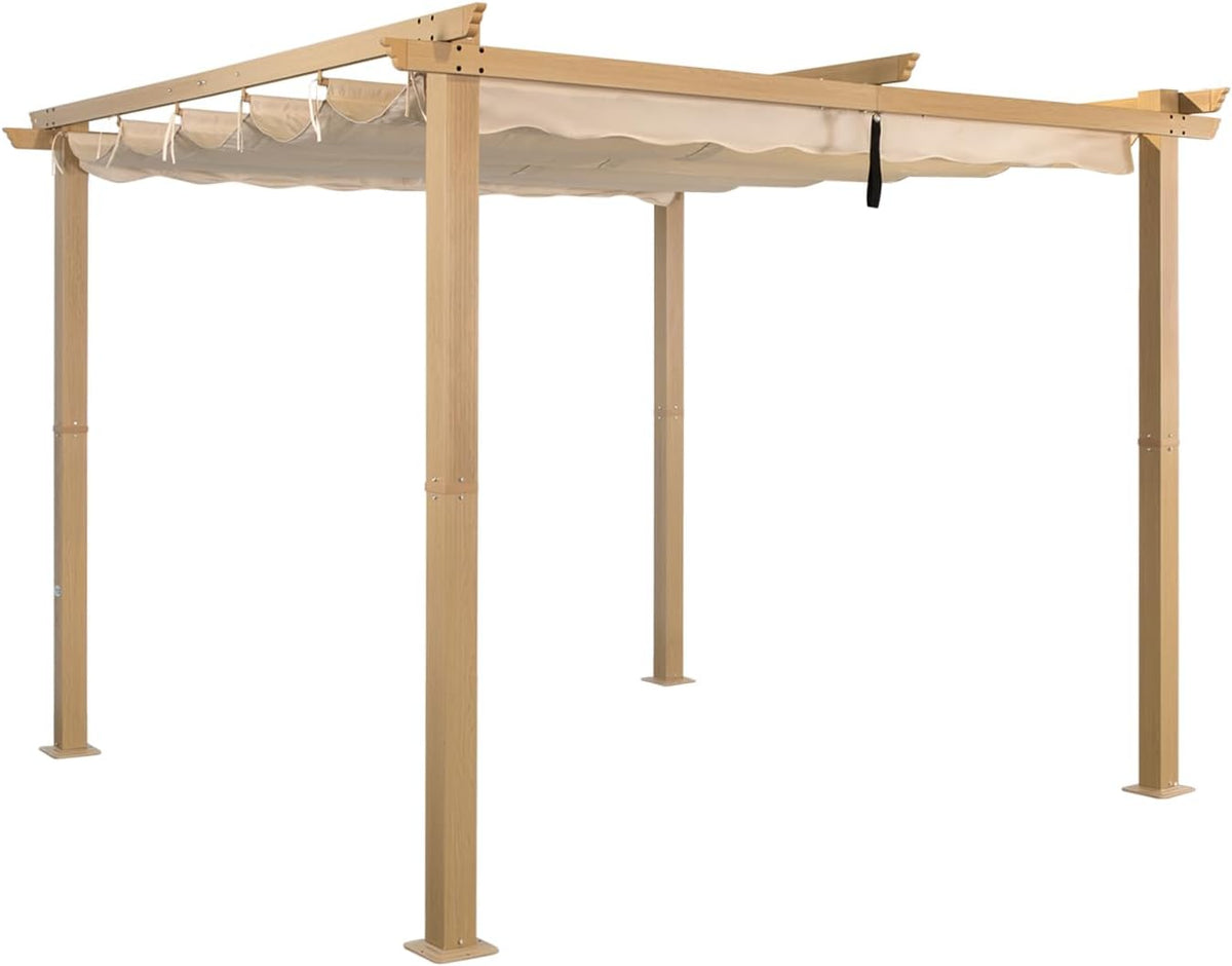 Pergola 3 x 3M Garten, 3 × 3 M, verstellbar, mit Schiebedach, wasserdicht, wasserabweisend, aus Aluminium und Stahl, für den Garten, Beige/Holz