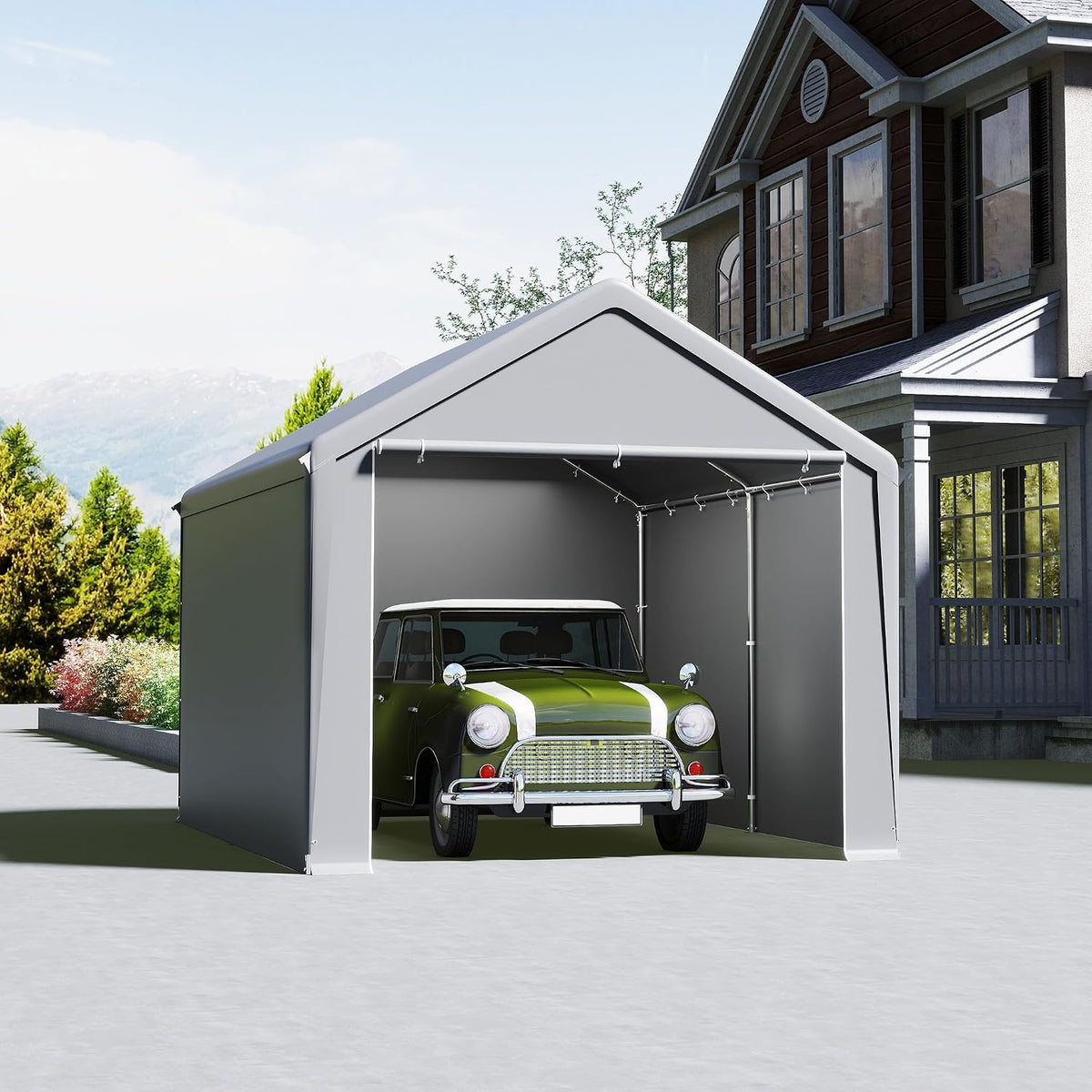 Carport Zeltgarage 3x4 m, 3 × 4 m, aus Stahl, Grau, UISEBRT
