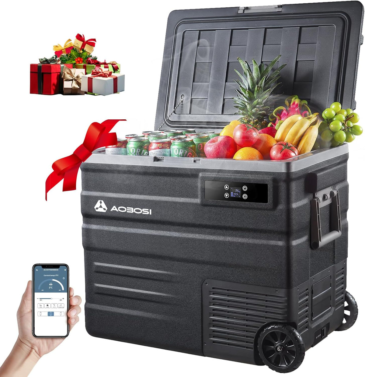 AAOBOSI 65L Kompressor Kühlbox Kinderwagen-Set, 100–240V, 24 V, 20 °C, mit LED, mit App-Steuerung, für Camping, Schwarz