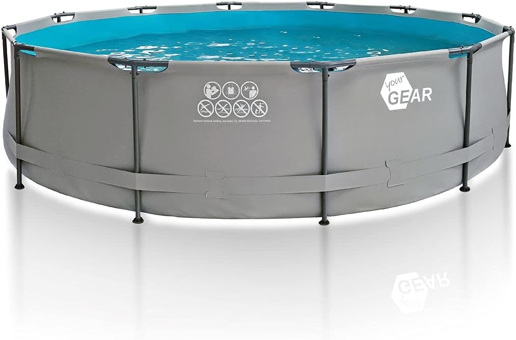 your GEAR Steel Frame Pool Aufstellpool, 70–122 cm, 366 cm, für den Garten, aus Stahl, Grau