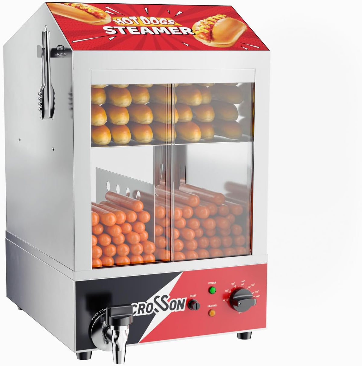 Hot Dog-Maschinen Hot Dog Dampfgarer, 42 L, aus Glas, Silber/Rot, crosson