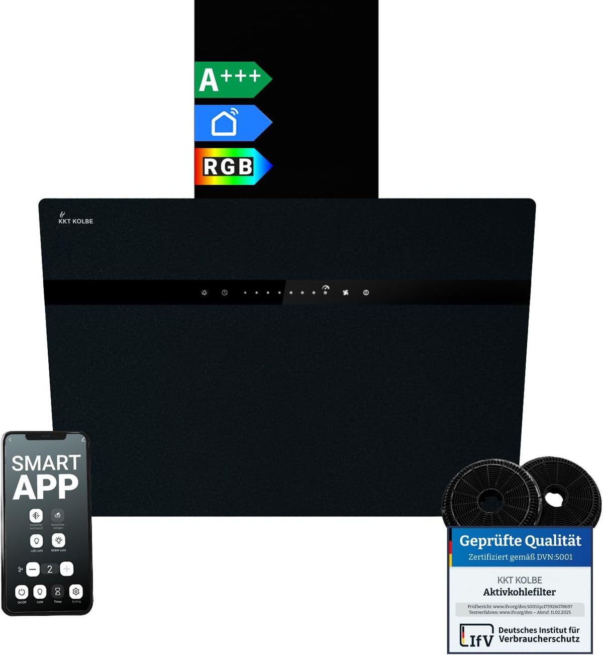 KKT KOLBE STYLE6005SMAO Dunstabzugshaube, 60 cm, mit LED, mit WLAN, aus Edelstahl und Stahl, Schwarz