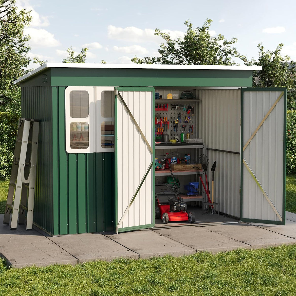 Gerätehaus, 260 × 176 cm, mit Stauraum, für den Garten und die Terrasse, aus Stahl und Metall, Grün/Weiß, Amopatio