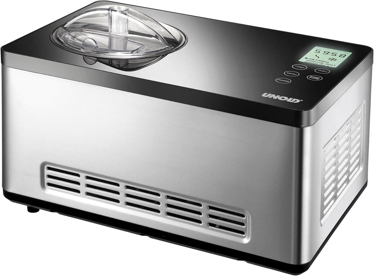 Unold 48845 Eismaschine Gusto Speiseeisbereiter, 2 L, 180 W, mit Timer, verstellbar, aus Edelstahl und Stahl, Silber