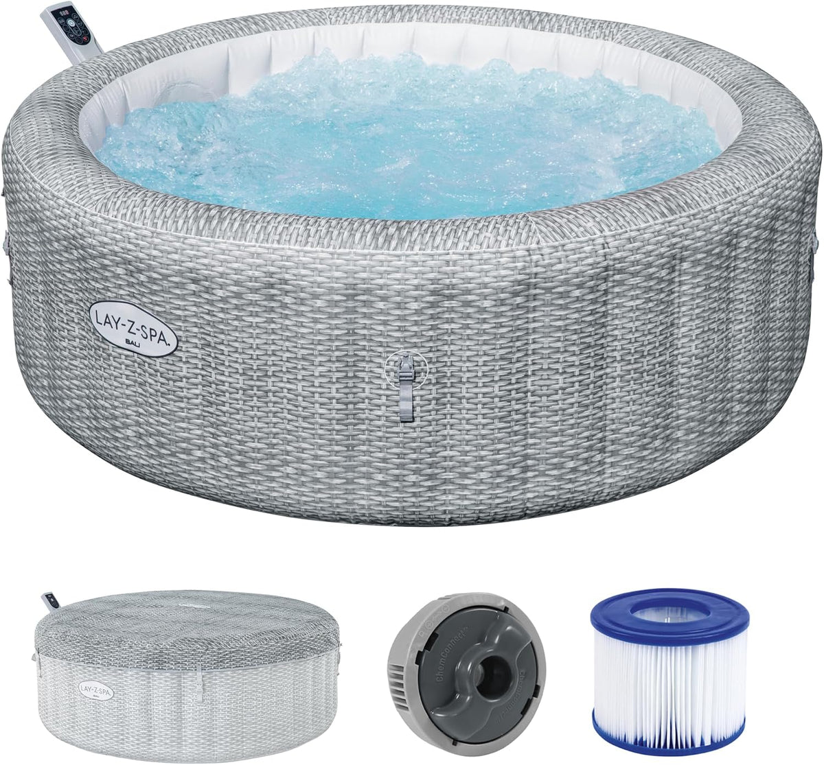 Bestway Lay Whirlpool, Ø196 × 71 cm, aus Polyrattan, mit App-Steuerung, mit Timer, Grau/Blau