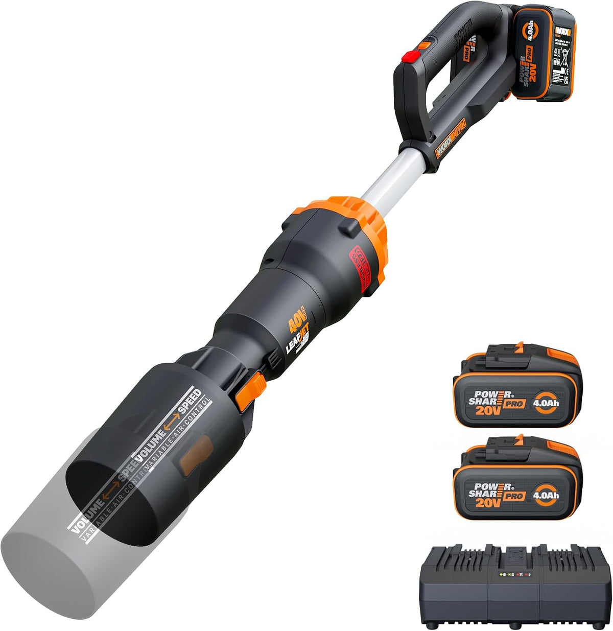 Laubbläser WG585E, 40 V, 266km/h, 1053 m³, bürstenlos, ohne Akku, kabellos, Schwarz/Orange, WORX