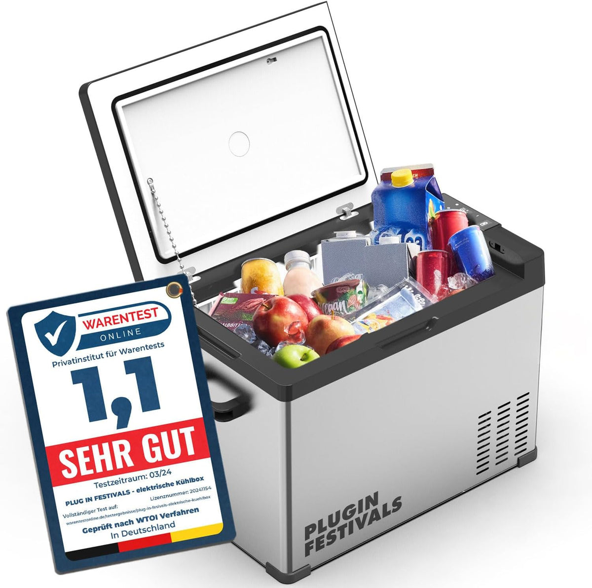 Kühlschrank, 12 V, 230 V, mit LED, mit App-Steuerung, mit USB, für Camping, Silber/Schwarz, PLUG IN FESTIVALS