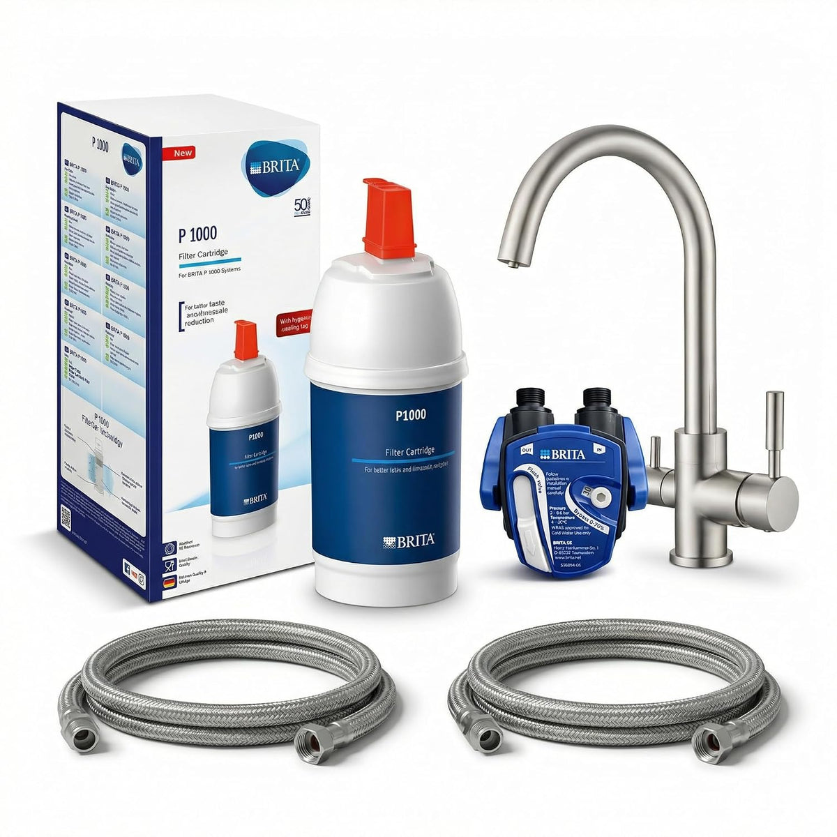 Neues Wasser Group P1000 Wasserhahnfilter, aus Edelstahl und Stahl, Silber/Blau/Weiß/Rot