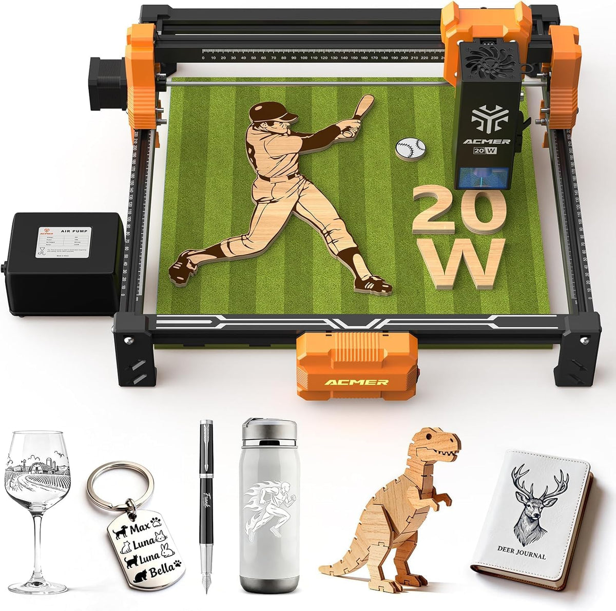 ACMER S2 Gravurwerkzeug, 300 × 285 mm, 25 L, 20 W, 10000 mm, Schwarz/Orange/Grün