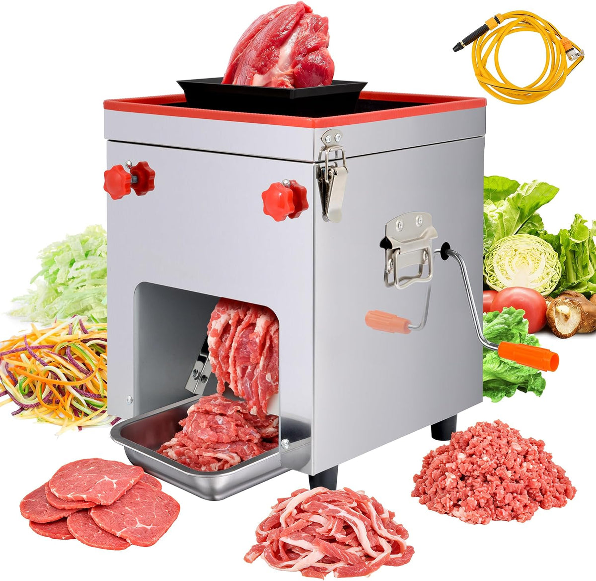 Goldtouch Allesschneider, 850 W, 220 V, 150 kg, aus Edelstahl und Stahl, Silber/Rot