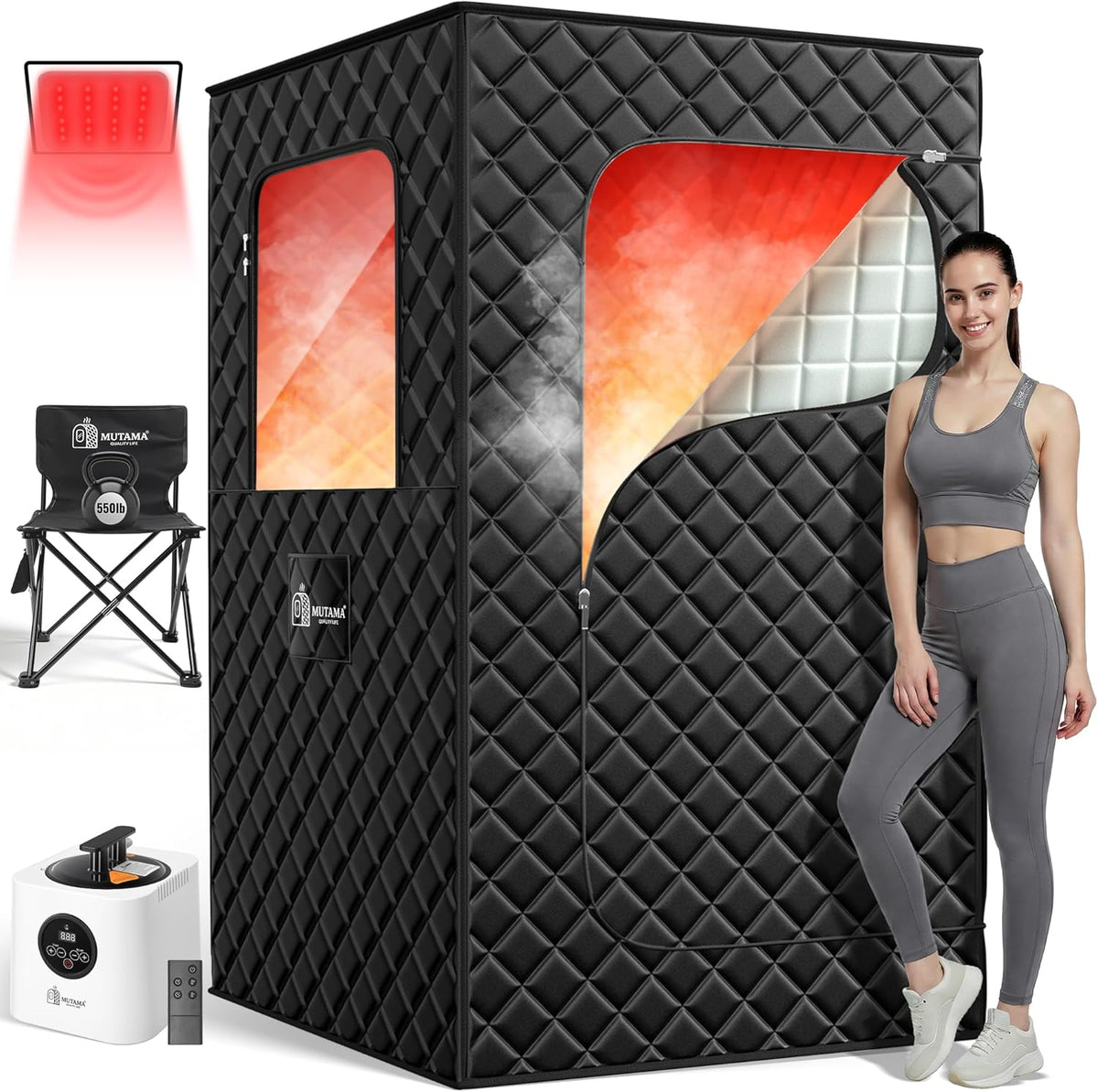 MUTAMA Sauna, 3 L, 1400 w, mit Timer, wasserdicht, mit Fernbedienung, Schwarz/Rot/Silber