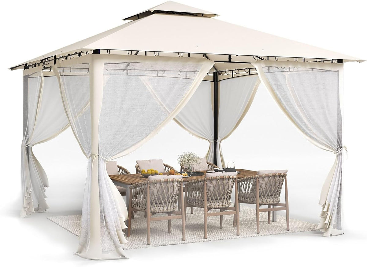 Gartenpavillon Pavillon 2, 2,75 × 2,75 m, mit Doppeldach, mit Moskitonetzen, wasserdicht, winterfest, aus Metall, für den Garten und die Terrasse