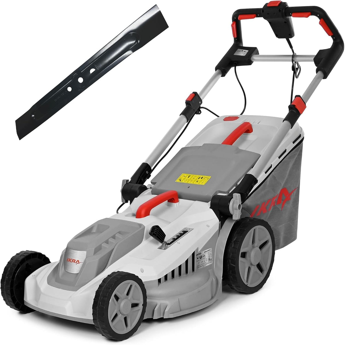 Rasenmäher Elektro, 30–75mm, 2000 W, 43 cm, mit Hardtop-Dach, klappbar, höhenverstellbar, Weiß/Grau/Schwarz/Rot, IKRA