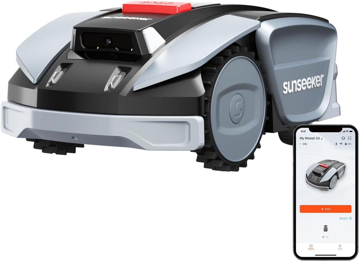 Sunseeker S3 Mähroboter, mit App-Steuerung, ohne Begrenzungskabel, mit KI-Erkennung, Schwarz/Grau/Rot