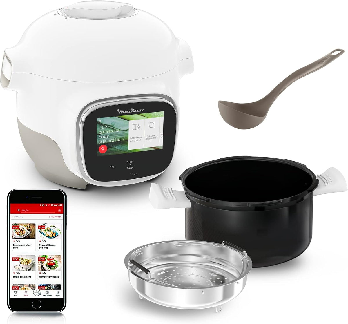 Moulinex YY5132FB Multikocher, 2 l, mit WLAN, Weiß/Schwarz