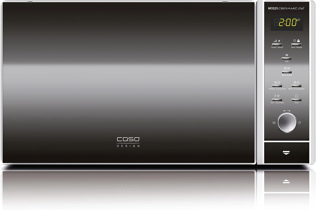 Caso MCG25 Mikrowelle, 110–200°C, 25 L, 2050 W, mit LED, mit Timer, Silber/Schwarz, aus Edelstahl und Stahl