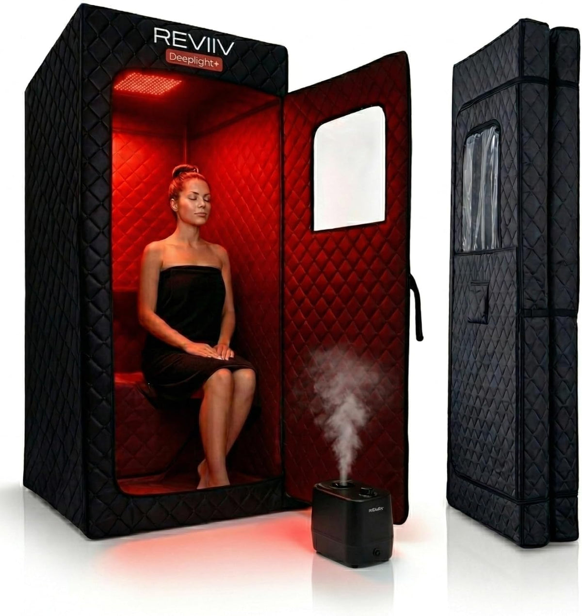REVIIV Sauna, 1500 W, klappbar, mit LED, mit Fernbedienung, Schwarz/Rot