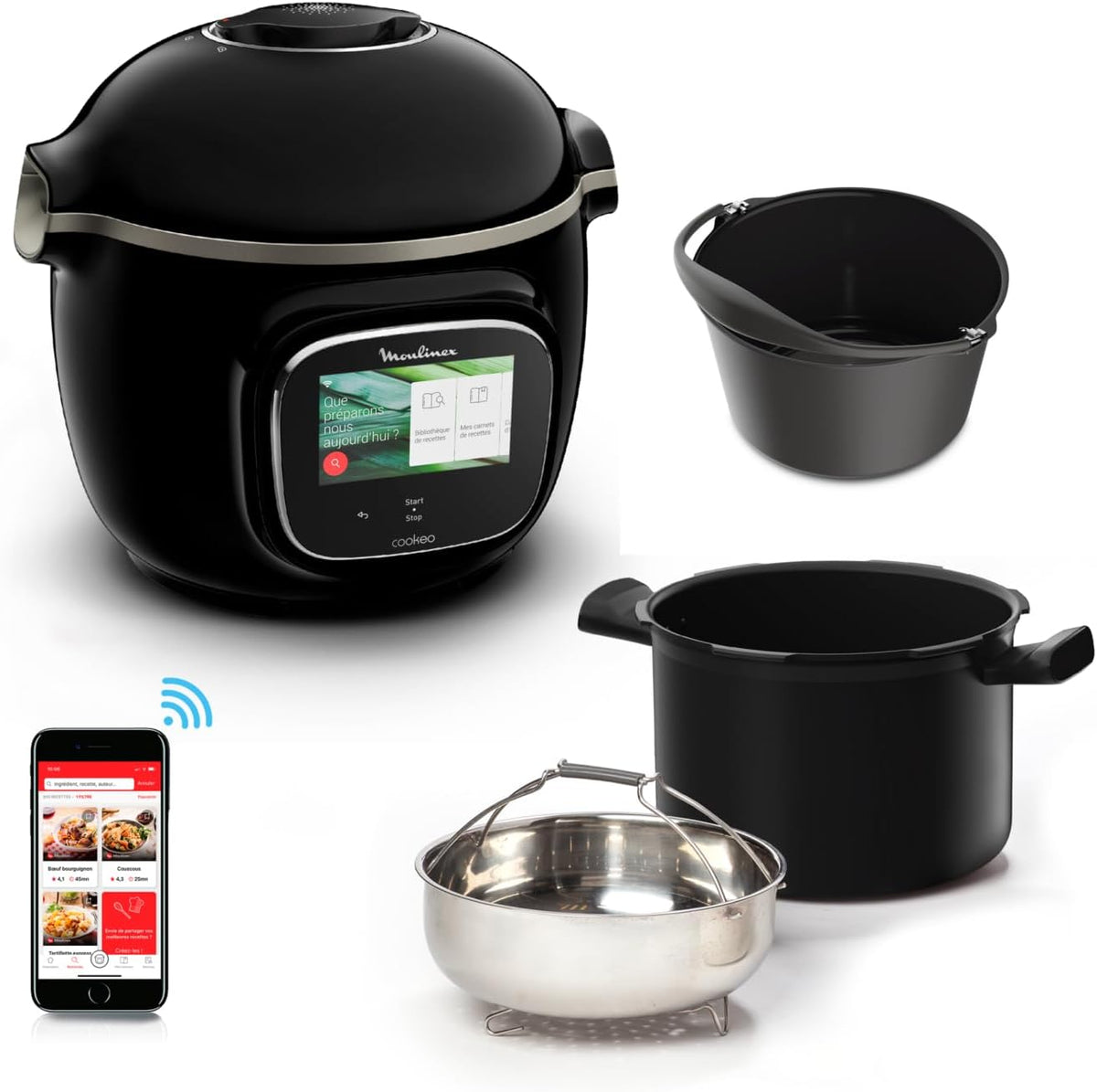 Moulinex YY5297FB Multikocher, 6 l, 18 cm, mit WLAN, Schwarz/Silber