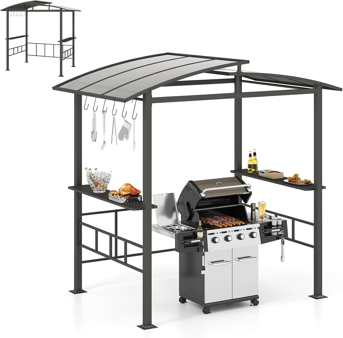 Gartenpavillon, 248 × 150 × 232 cm, aus Metall, mit Doppeldach, mit Stauraum, für den Garten, Schwarz, HOMASIS