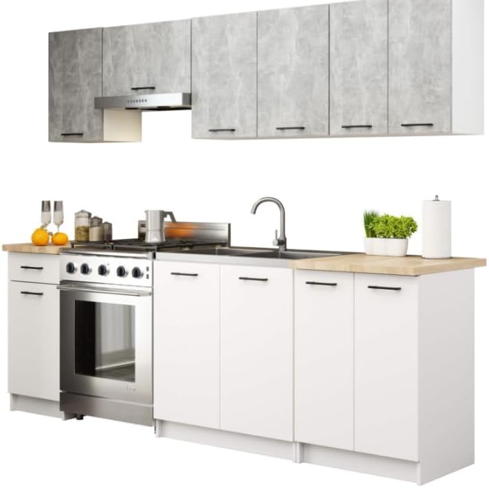 BDW Küchenzeile, 240 × 203 × 46 cm, mit Stauraum, für die Küche, Beton/Weiß