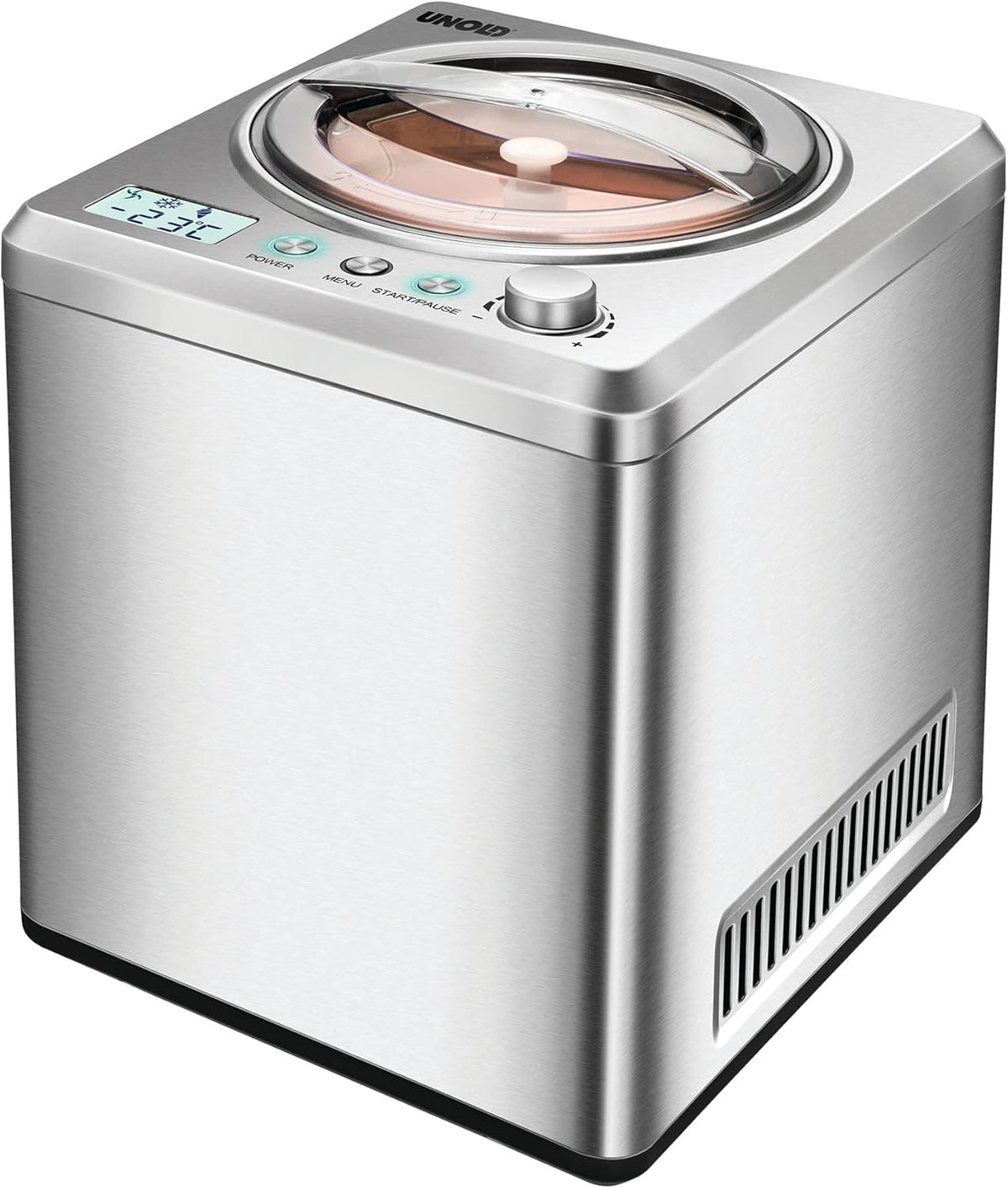 Unold 48872 Eismaschine Exklusiv Speiseeisbereiter, 2 L, 180 W, mit Timer, verstellbar, aus Edelstahl und Stahl, Silber