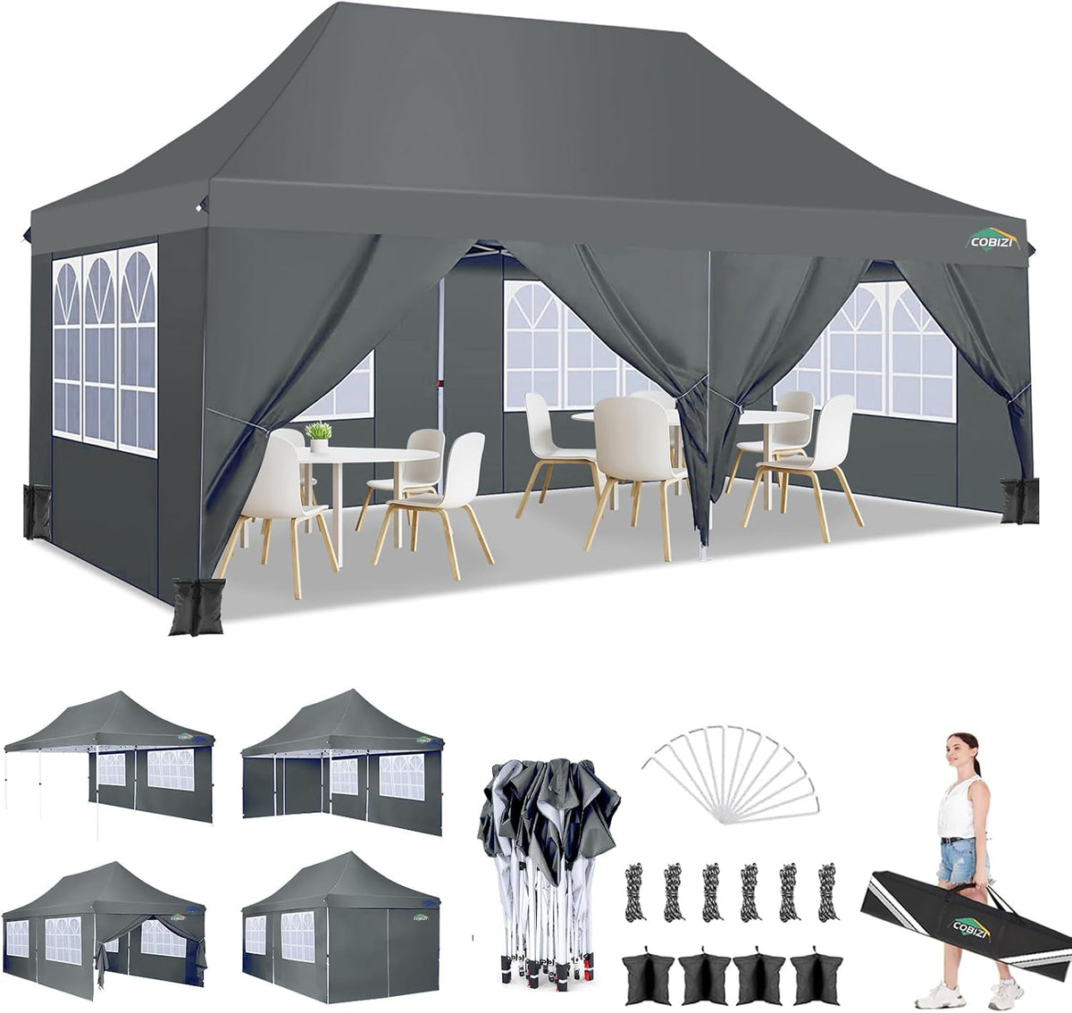 Gartenpavillon, 3 × 6 m, mit 6 Seitenteilen, wasserdicht, für den Garten, Grau, COBIZI