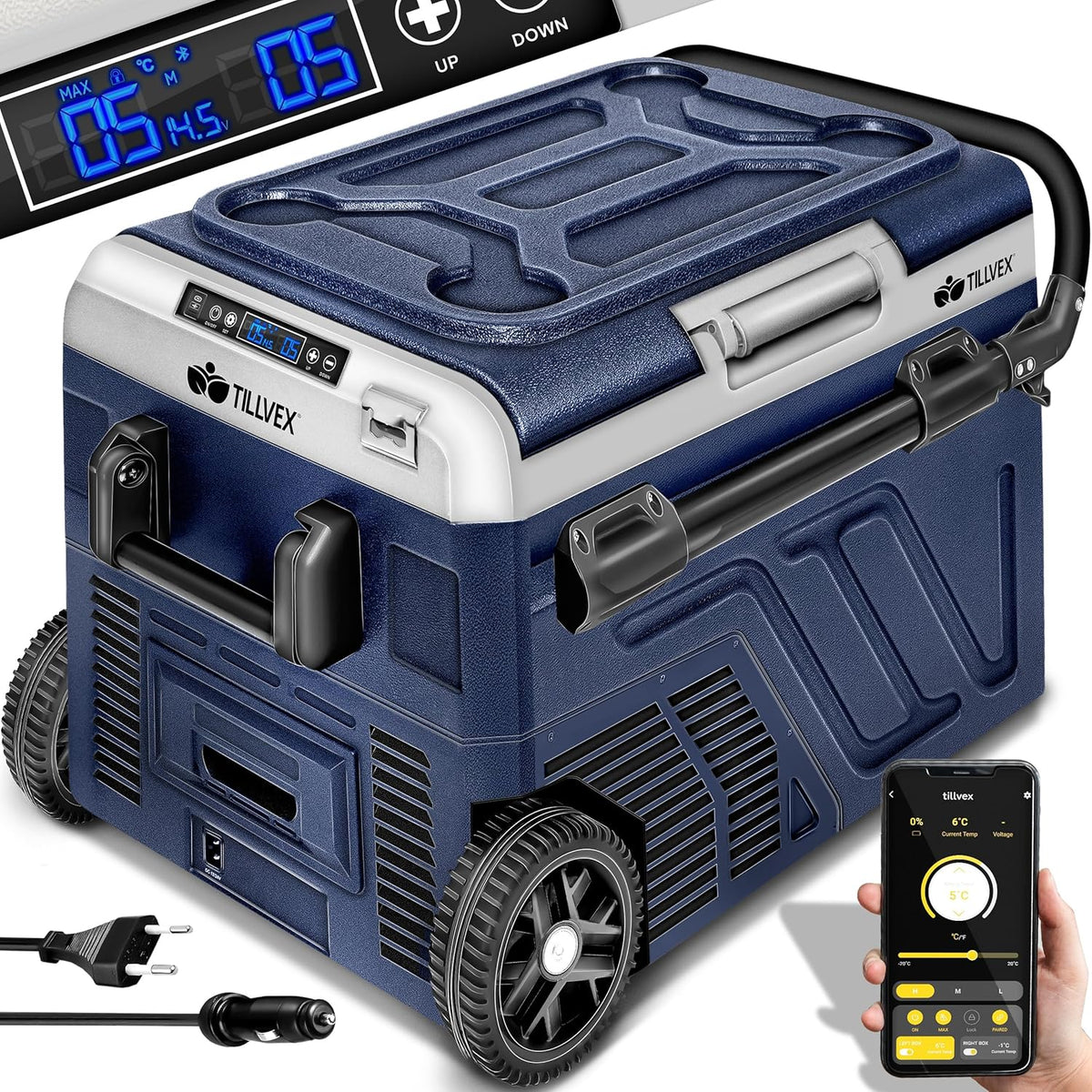 Kühlschrank Kompressor Kühlbox elektrisch 40, 24 V, 230 V, 20 °C, mit WLAN, mit App-Steuerung, für Camping, Navyblau/Schwarz/Silber, tillvex