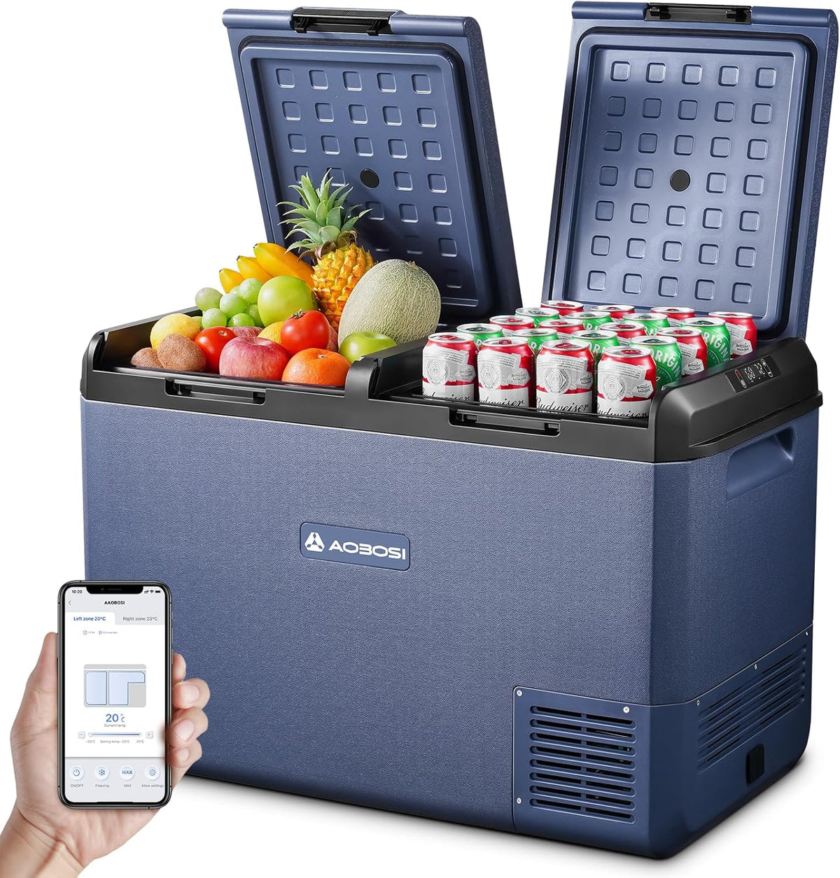 AAOBOSI IPX4 Kühlschränke, 95 L, 12 V, 230 V, mit App-Steuerung, für Camping, Blau/Schwarz