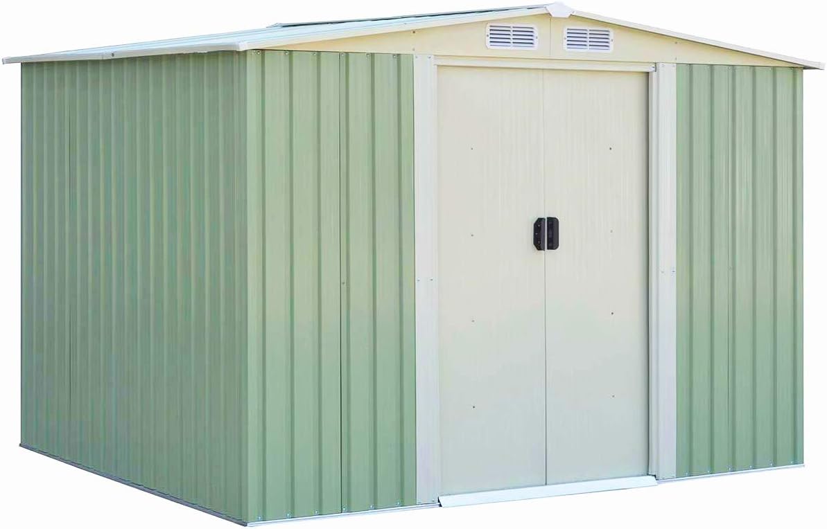 Gerätehaus Gartenhaus Metall, 257 × 205 × 175,5 cm, 8 m³, mit Vorhängen, für den Garten, Grün/Weiß, COSTWAY