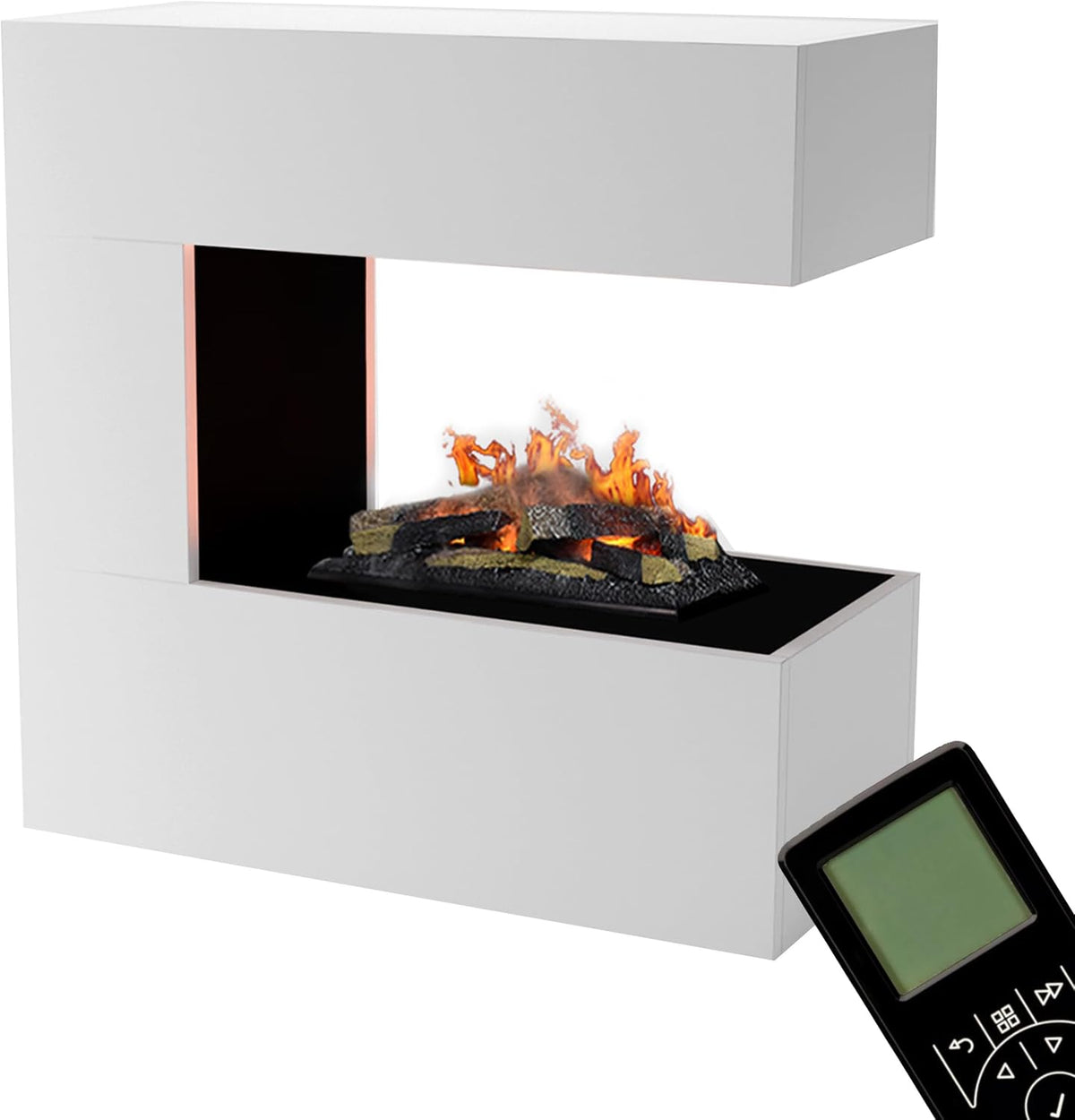 Elektrokamin, 80 × 80 × 37 cm, mit LED, mit Fernbedienung, Weiß/Schwarz, KAMINLICHT