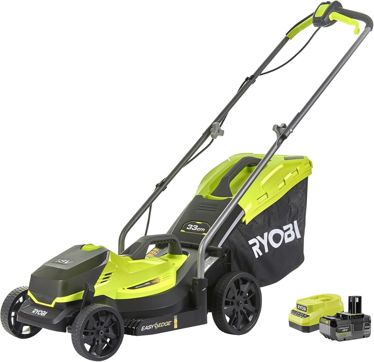 RYOBI RLM18X33B40 Rasenmäher, 18 V, 4,0 Ah, 33 cm, klappbar, verstellbar, Grün/Schwarz